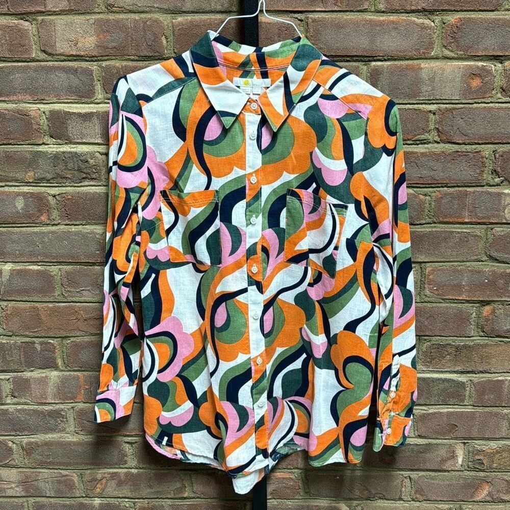 Boden Multi Color Linen Long Sleeve Button Down Top Size 8 Petite - Picture 2 of 6